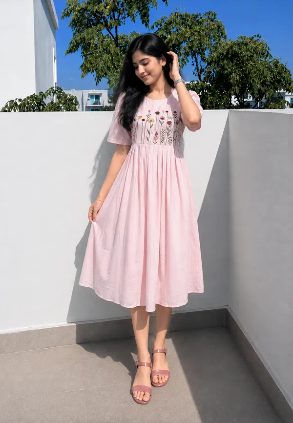 Women’s_pink__Cotton_Floral_Thread_Embroidered_Knee-Length_Dress