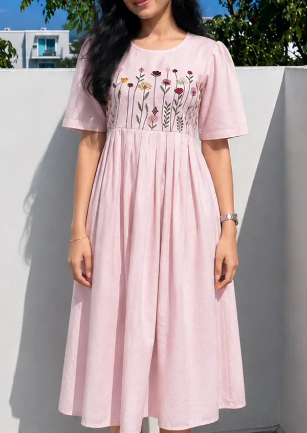 Women’s_pink__Cotton_Floral_Thread_Embroidered_Knee-Length_Dress