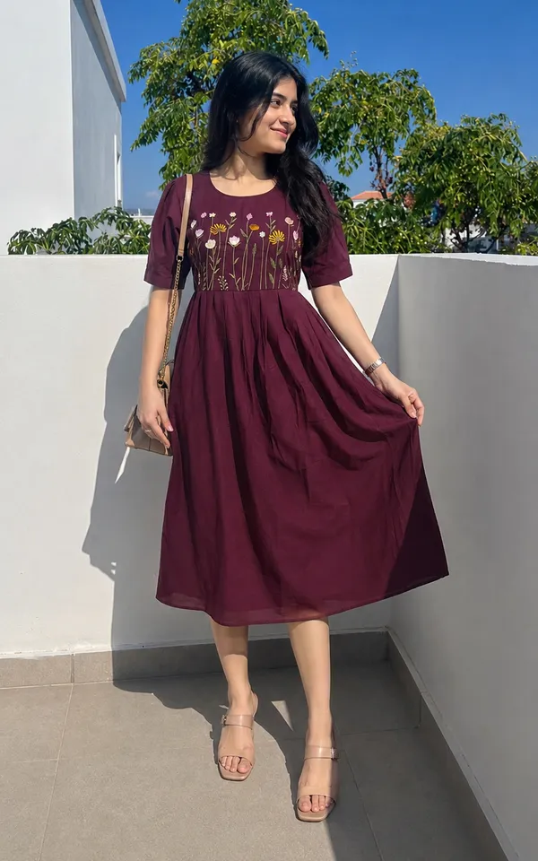 Women’s_red_Cotton_Floral_Thread_Embroidered_Knee-Length_Dress_with_Round_Neck_&_Short_Sleeves