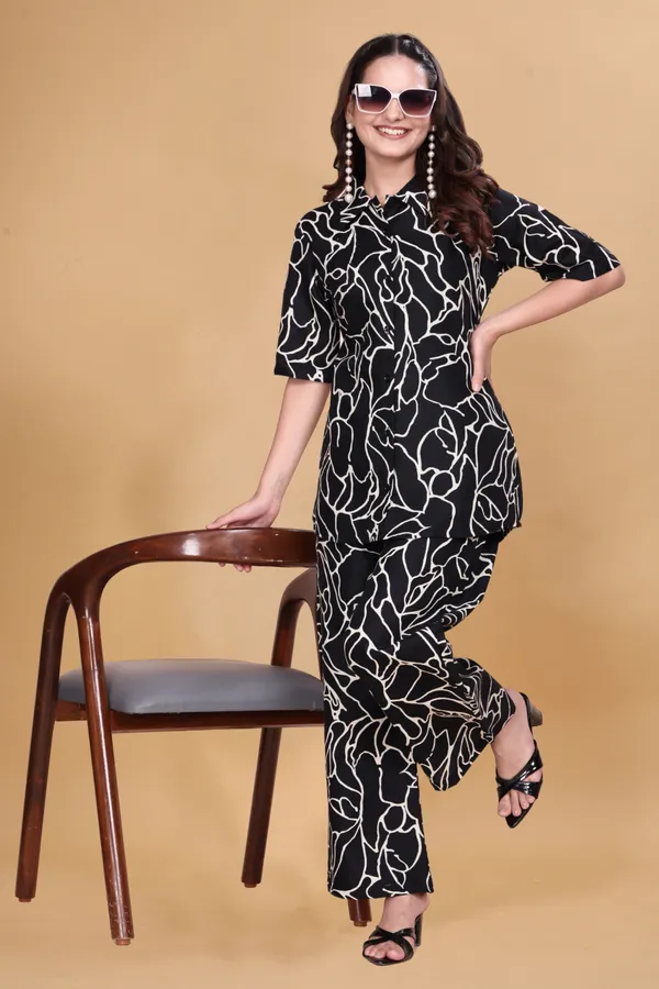 ZANIES_Women's_Black_&_White_Printed_Co-Ord_Set_|_Cotton_Blend