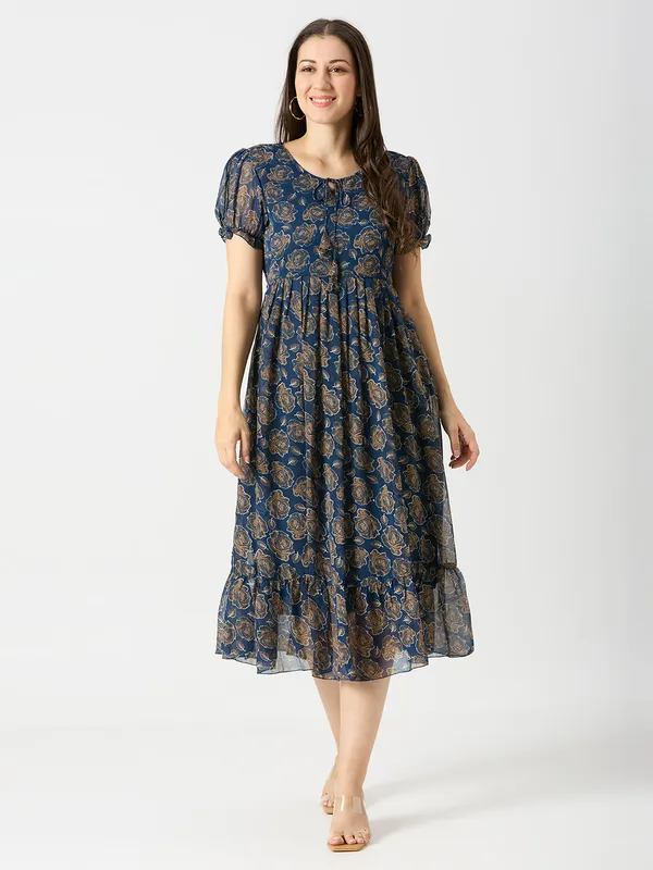 Zanies_Puff_Sleeve_Georgette_Full_Length_Dress_For_Womens_and_Girls