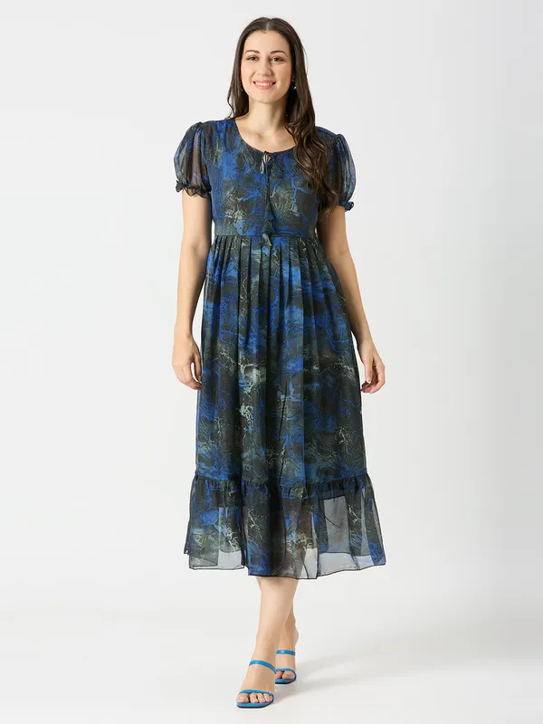 Zanies_Puff_Sleeve_Georgette_Full_Length_Dress_For_Womens_and_Girls