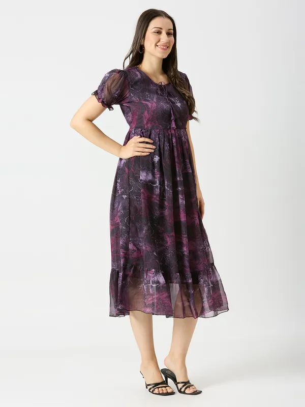 Zanies_Puff_Sleeve_Georgette_Full_Length_Dress_For_Womens_and_Girls
