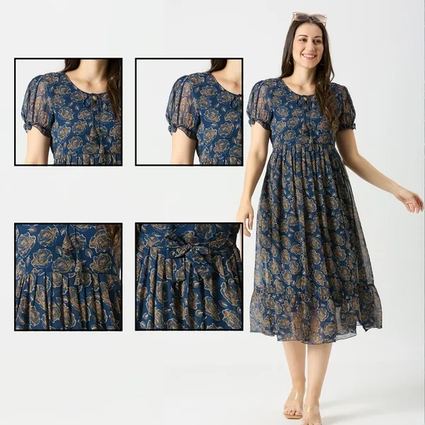 Zanies_Puff_Sleeve_Georgette_Full_Length_Dress_For_Womens_and_Girls