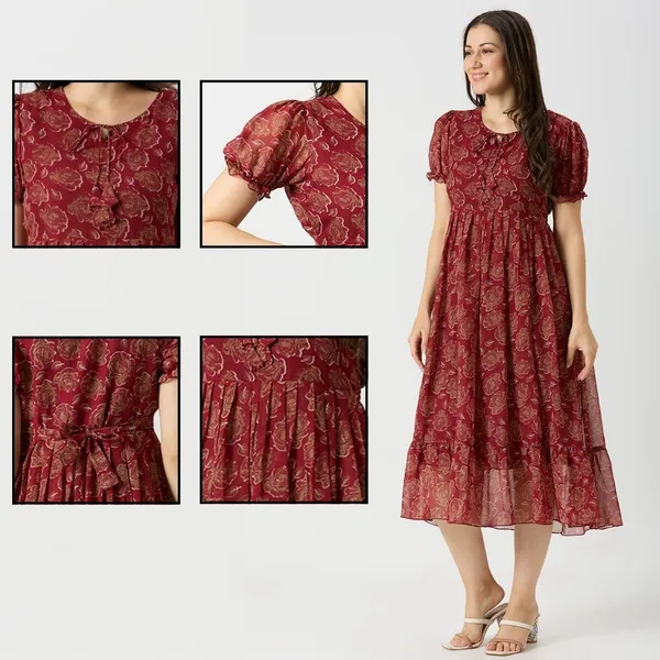Zanies_Puff_Sleeve_Georgette_Full_Length_Dress_For_Womens_and_Girls