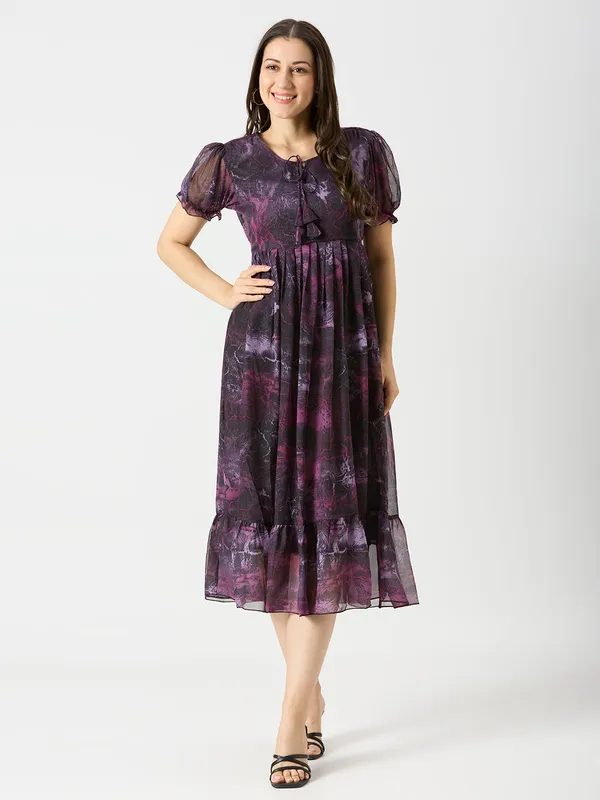 Zanies_Puff_Sleeve_Georgette_Full_Length_Dress_For_Womens_and_Girls