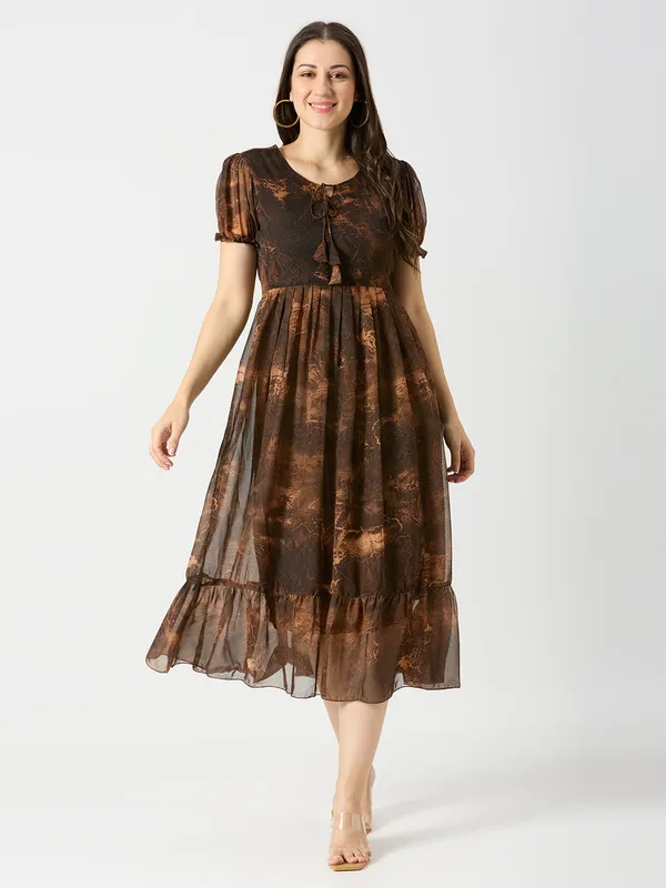 Zanies_Puff_Sleeve_Georgette_Full_Length_Dress_For_Womens_and_Girls