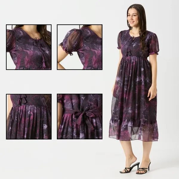 Zanies_Puff_Sleeve_Georgette_Full_Length_Dress_For_Womens_and_Girls