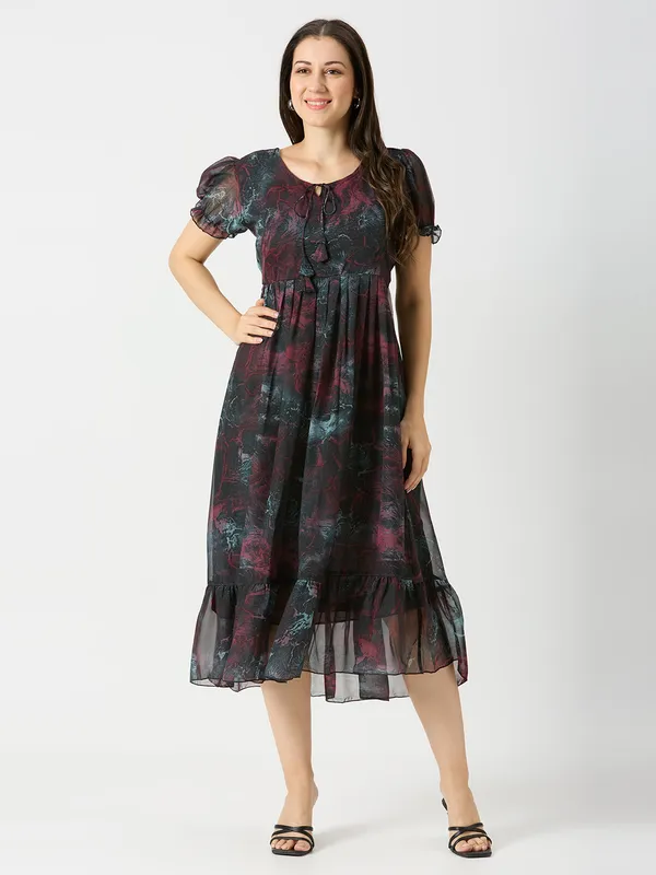 Zanies_Puff_Sleeve_Georgette_Full_Length_Dress_For_Womens_and_Girls