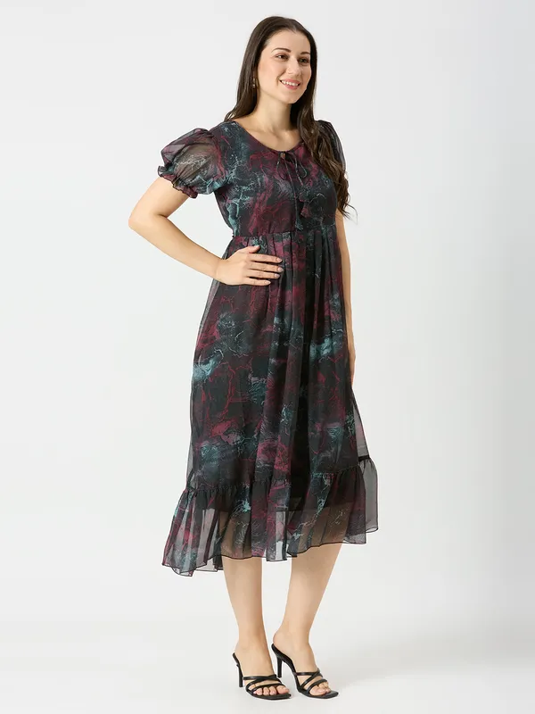 Zanies_Puff_Sleeve_Georgette_Full_Length_Dress_For_Womens_and_Girls