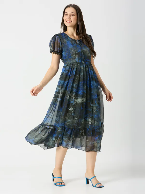 Zanies_Puff_Sleeve_Georgette_Full_Length_Dress_For_Womens_and_Girls