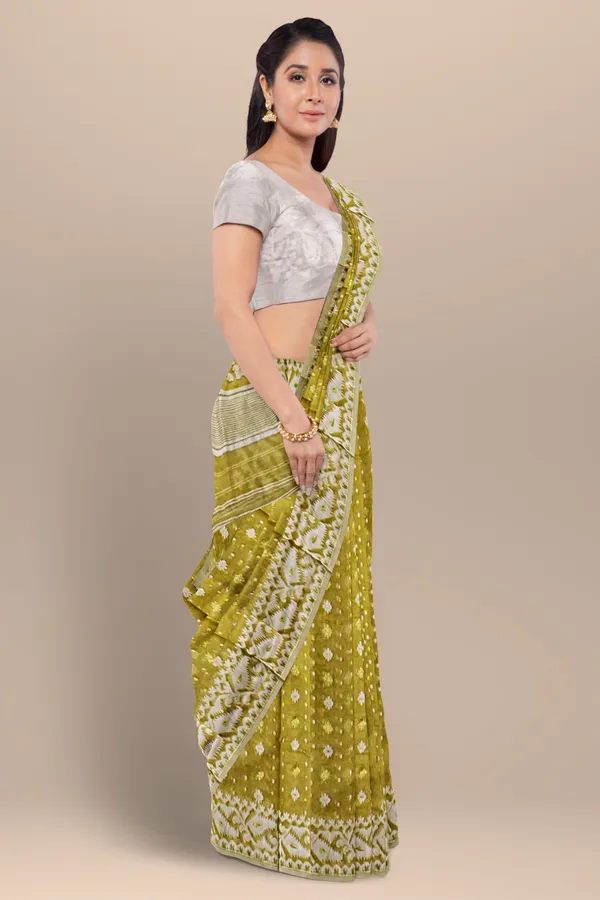 Greenish_Yellow_Resham_Cotton_Jamdani_Saree_For_Women_Raziya