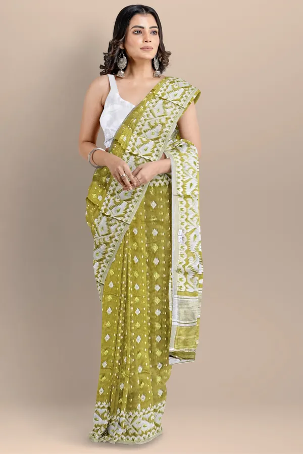 Greenish_Yellow_Resham_Cotton_Jamdani_Saree_For_Women_Raziya