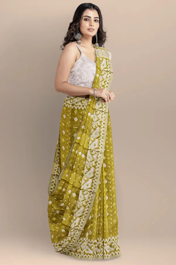Greenish_Yellow_Resham_Cotton_Jamdani_Saree_For_Women_Raziya