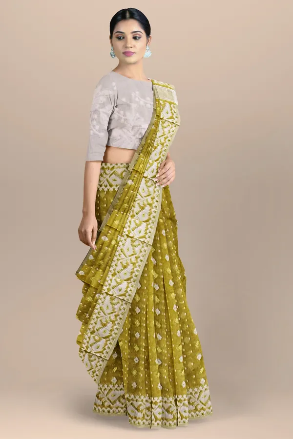 Greenish_Yellow_Resham_Cotton_Jamdani_Saree_For_Women_Raziya