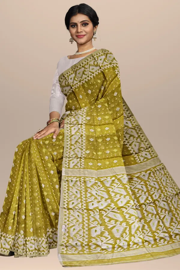 Greenish_Yellow_Resham_Cotton_Jamdani_Saree_For_Women_Raziya