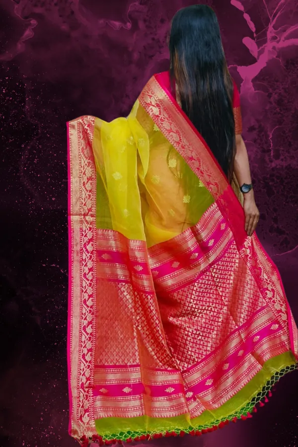 Turmeric_Yellow_Muslin_Banarasi_Saree_For_Women_With_Contrast_Pink_Border_Vaishali