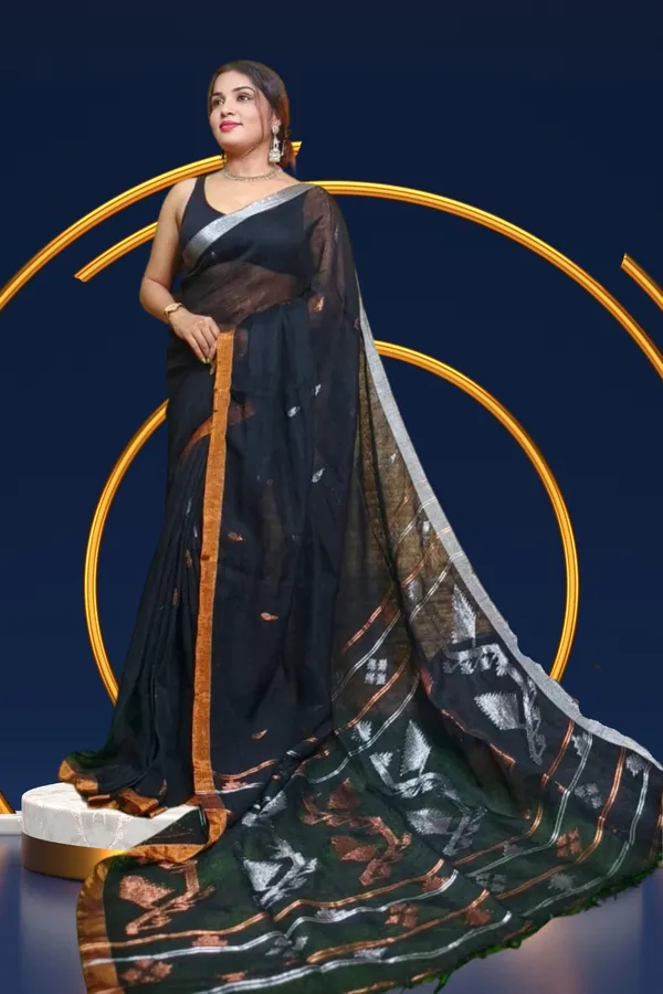 Black_Linen_Jamdani_With_Ganga_Jamuna_Zari_Border_Saree_For_Women_Purna