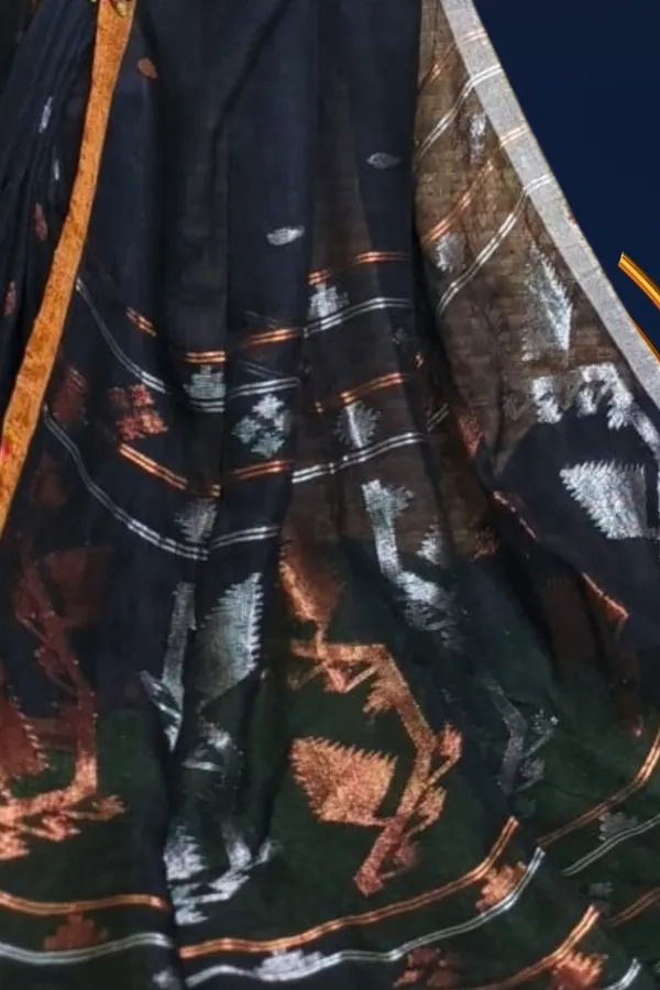 Black_Linen_Jamdani_With_Ganga_Jamuna_Zari_Border_Saree_For_Women_Purna