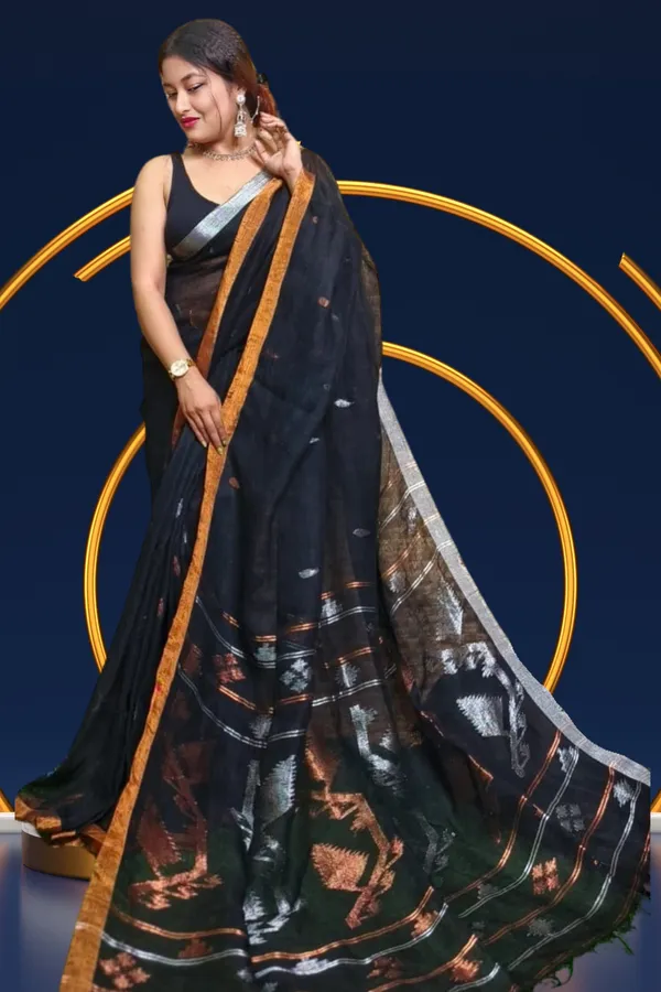 Black_Linen_Jamdani_With_Ganga_Jamuna_Zari_Border_Saree_For_Women_Purna