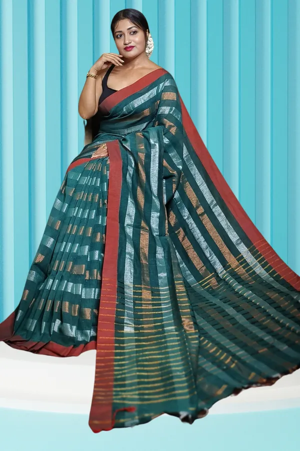 Bottle_Green_Linen_Zari_Stripe_Saree_For_Women_Ahilya