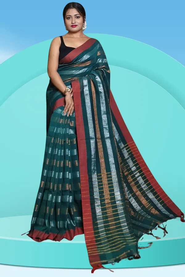 Bottle_Green_Linen_Zari_Stripe_Saree_For_Women_Ahilya