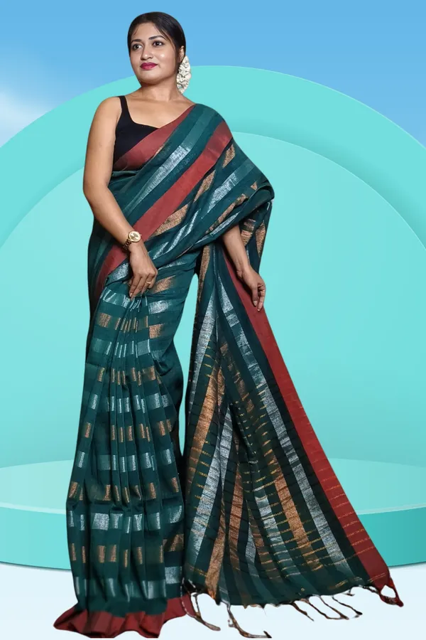 Bottle_Green_Linen_Zari_Stripe_Saree_For_Women_Ahilya