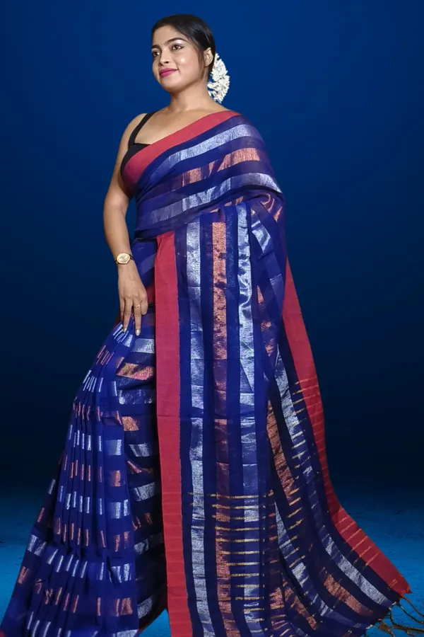 Blue_Linen_Zari_Stripe_Saree_For_Women_Savitri