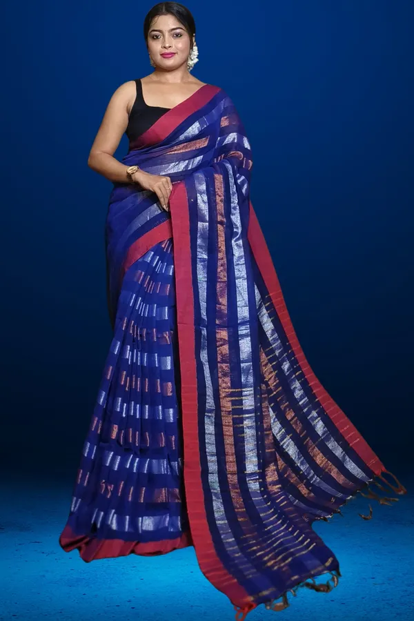 Blue_Linen_Zari_Stripe_Saree_For_Women_Savitri