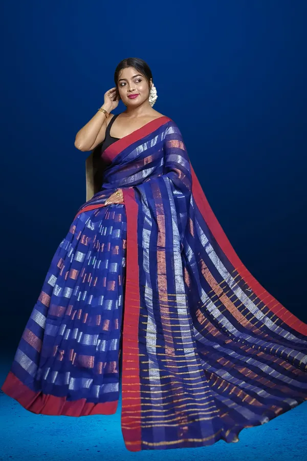 Blue_Linen_Zari_Stripe_Saree_For_Women_Savitri