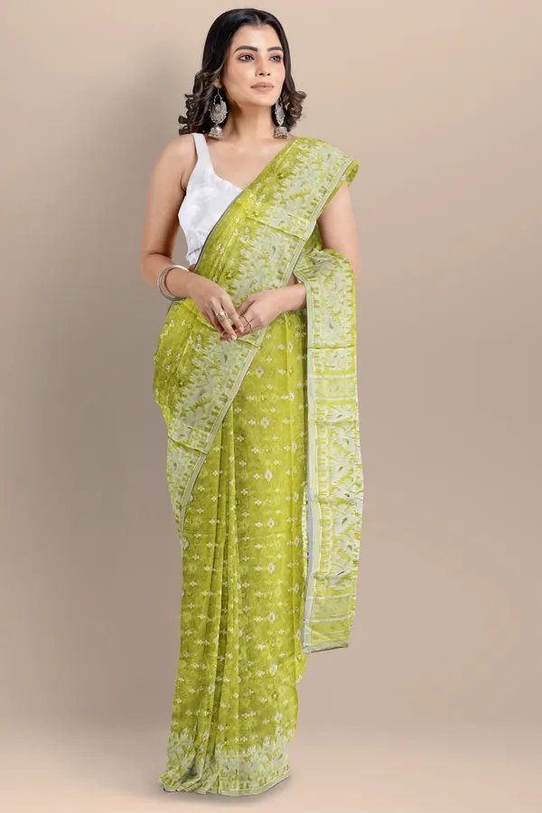 Fluorescent_Yellow_Resham_Cotton_Jamdani_Saree_For_Women_Meher