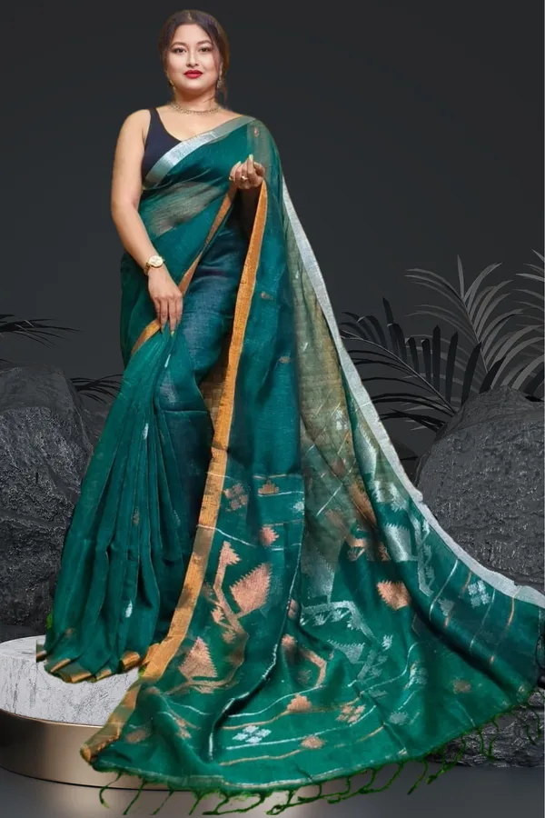 Bottle_Green_Linen_Jamdani_With_Ganga_Jamuna_Zari_Border_Saree_For_Women_Mahi