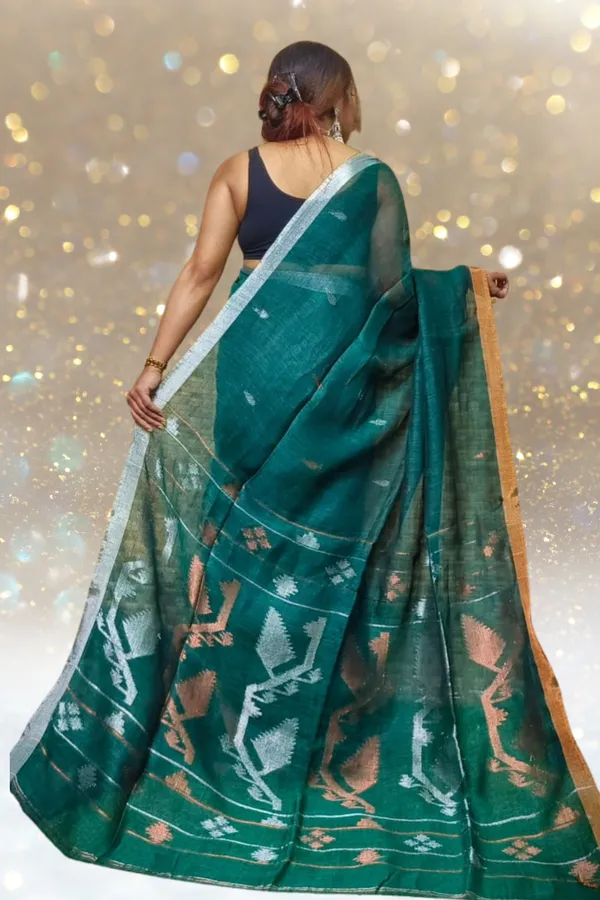 Bottle_Green_Linen_Jamdani_With_Ganga_Jamuna_Zari_Border_Saree_For_Women_Mahi