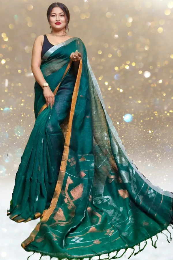 Bottle_Green_Linen_Jamdani_With_Ganga_Jamuna_Zari_Border_Saree_For_Women_Mahi