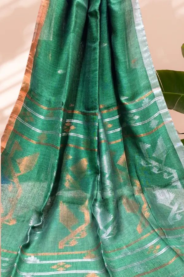 Bottle_Green_Linen_Jamdani_With_Ganga_Jamuna_Zari_Border_Saree_For_Women_Mahi