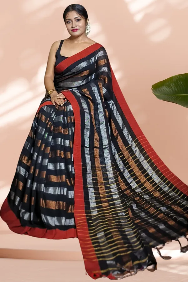 Black_Linen_Zari_Stripe_Saree_For_Women_Indira