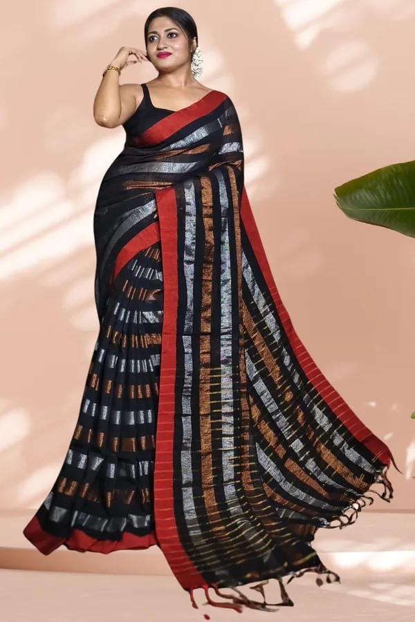 Black_Linen_Zari_Stripe_Saree_For_Women_Indira