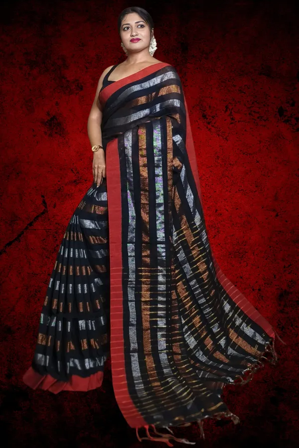 Black_Linen_Zari_Stripe_Saree_For_Women_Indira