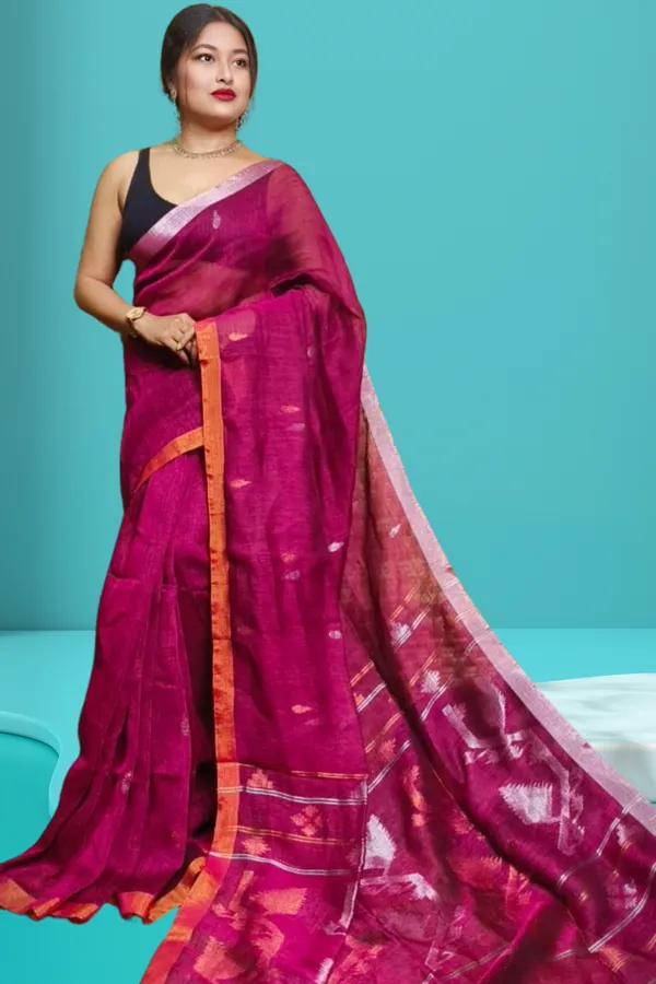 Wine_Linen_Jamdani_With_Ganga_Jamuna_Zari_Border_Saree_For_Women_Tapi