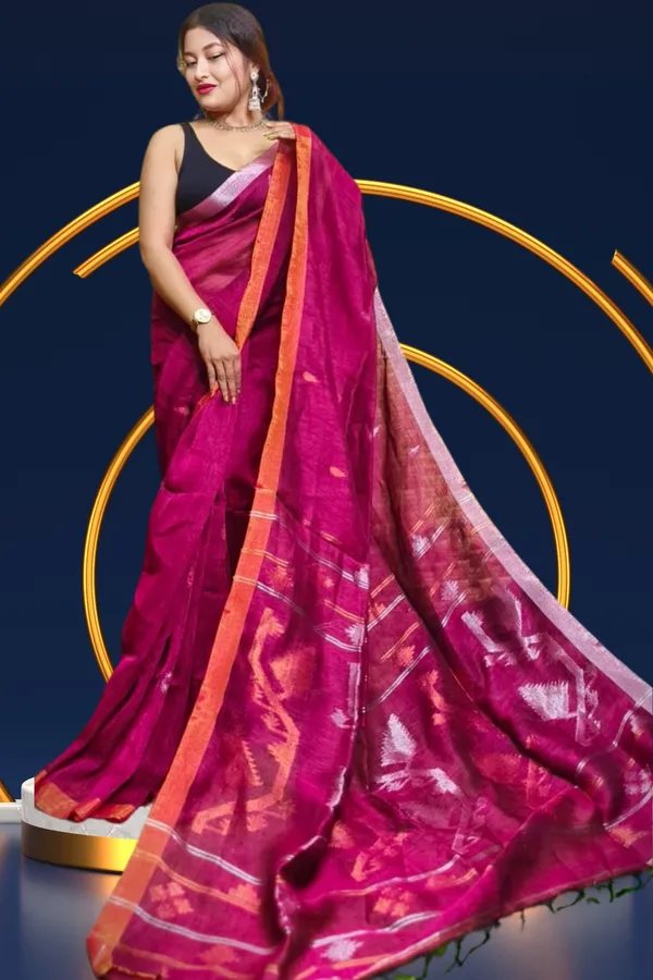 Wine_Linen_Jamdani_With_Ganga_Jamuna_Zari_Border_Saree_For_Women_Tapi