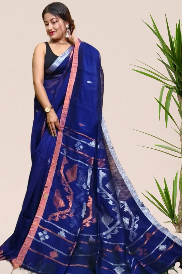 Navy_Blue_Linen_Jamdani_With_Ganga_Jamuna_Zari_Border_Saree_For_Women_Meghna
