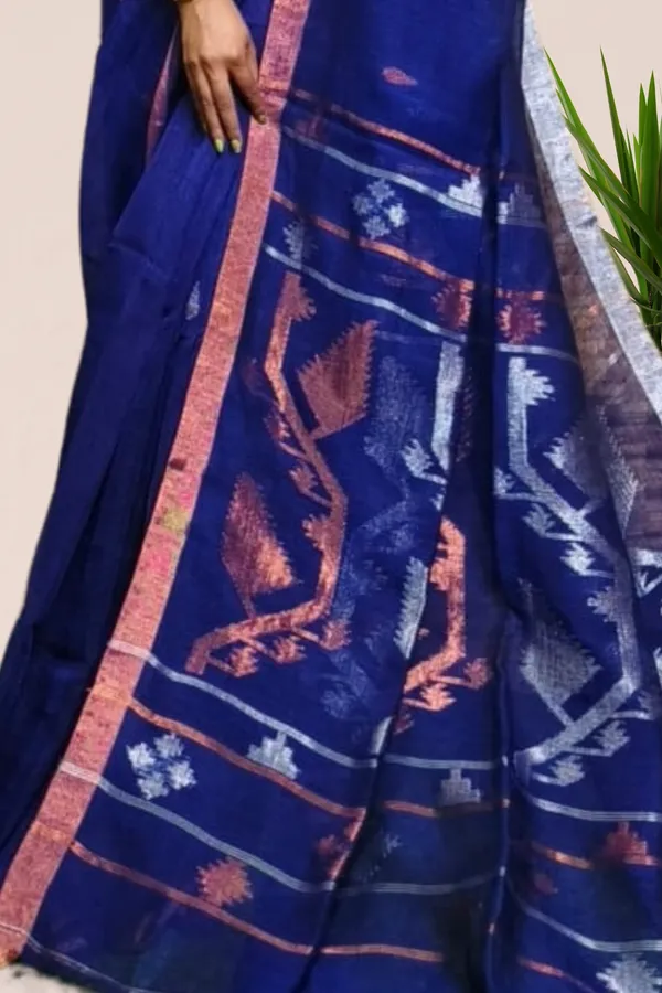 Navy_Blue_Linen_Jamdani_With_Ganga_Jamuna_Zari_Border_Saree_For_Women_Meghna