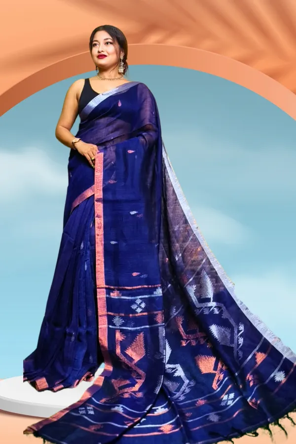 Navy_Blue_Linen_Jamdani_With_Ganga_Jamuna_Zari_Border_Saree_For_Women_Meghna