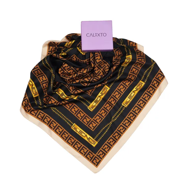 Calixto_Luxury_Silk_Square_Scarf_for_Women_–_Black_&_Gold_Geometric_Pattern_with_Chain_Print_–_Elegant_Designer-Inspired_Fashion_Accessory