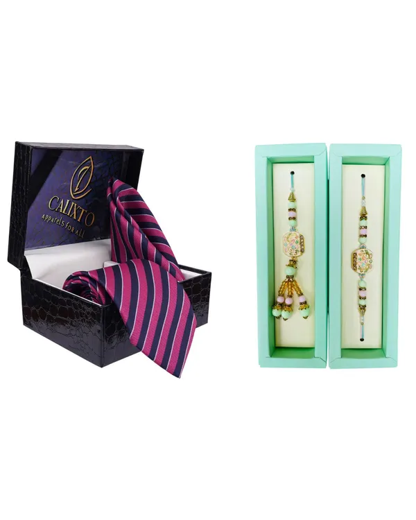 Calixto_Men's_Microfibre_Strips_Designer_Necktie_With_Pocket_Square_(Leatharite_Gift_Box)_with_Designer_Naksh_Rakhi