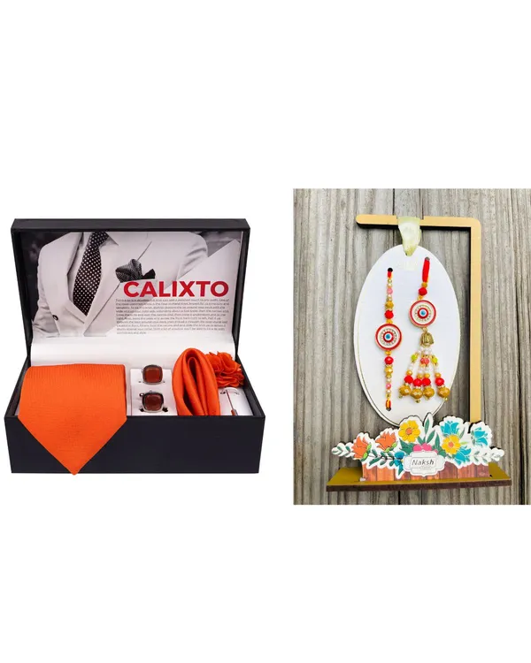 Mens_Microfiber_Necktie_Gift_Set_with_Designer_Naksh_Rakhi_Criss_Cross_Black_Tie,_Pocket_Square,_Cufflinks,_Brooch_&_Leather_Box
