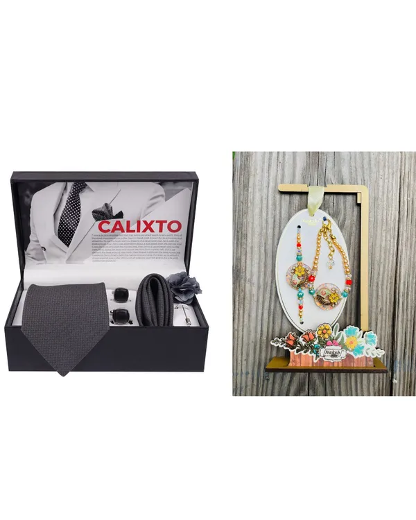 Mens_Microfiber_Necktie_Gift_Set_with_Designer_Naksh_Rakhi_Criss_Cross_Black_Tie,_Pocket_Square,_Cufflinks,_Brooch_&_Leather_Box