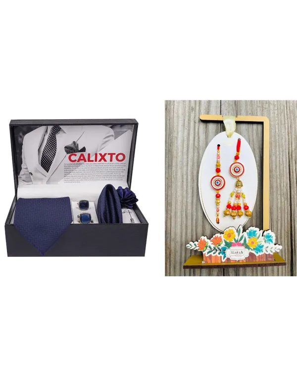 Mens_Microfiber_Necktie_Gift_Set_with_Designer_Naksh_Rakhi_Criss_Cross_Black_Tie,_Pocket_Square,_Cufflinks,_Brooch_&_Leather_Box