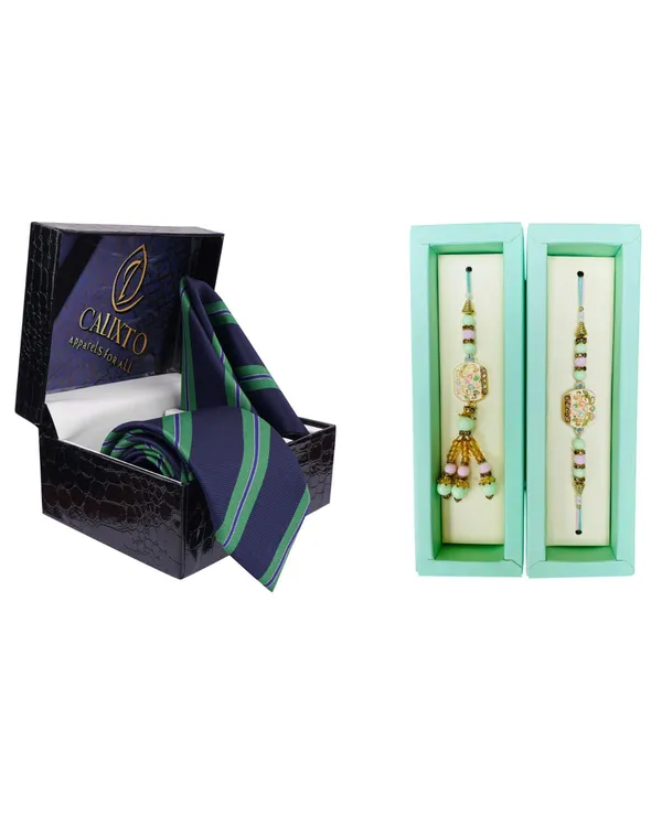 Calixto_Men's_Microfibre_Strips_Designer_Necktie_With_Pocket_Square_(Leatharite_Gift_Box)_with_Designer_Naksh_Rakhi