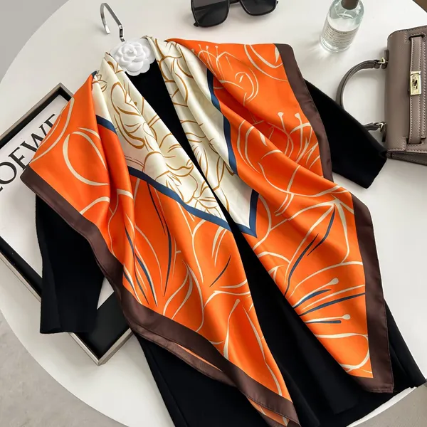 Calixto_Luxury_Silk_Satin_Scarf_for_Women_–_Elegant_Floral_Print_Square_Neck_Scarf,_Headscarf_&_Shawl,_35_x_35_Inches_(Orange_&_White)